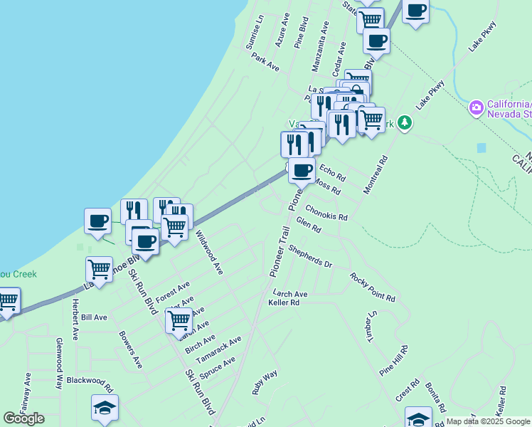 map of restaurants, bars, coffee shops, grocery stores, and more near 3831 Pentagon Road in South Lake Tahoe