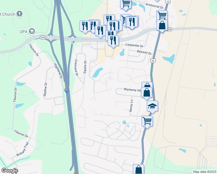 map of restaurants, bars, coffee shops, grocery stores, and more near 384 Wysteria Village Drive in Florence