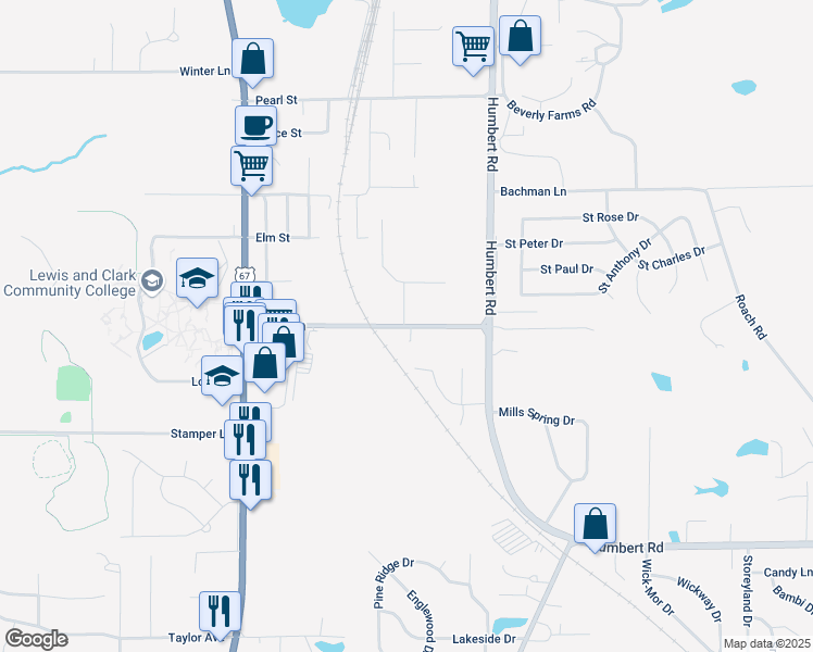 map of restaurants, bars, coffee shops, grocery stores, and more near 225 Tolle Lane in Godfrey