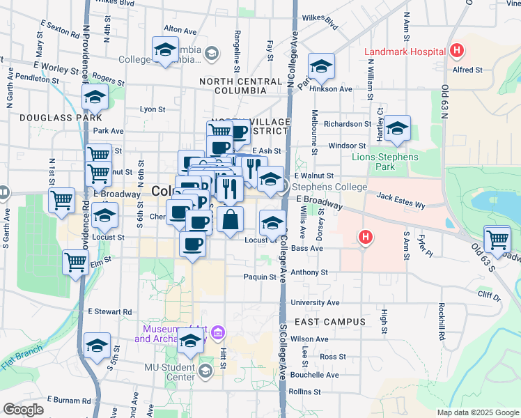 map of restaurants, bars, coffee shops, grocery stores, and more near 14 Waugh Street in Columbia