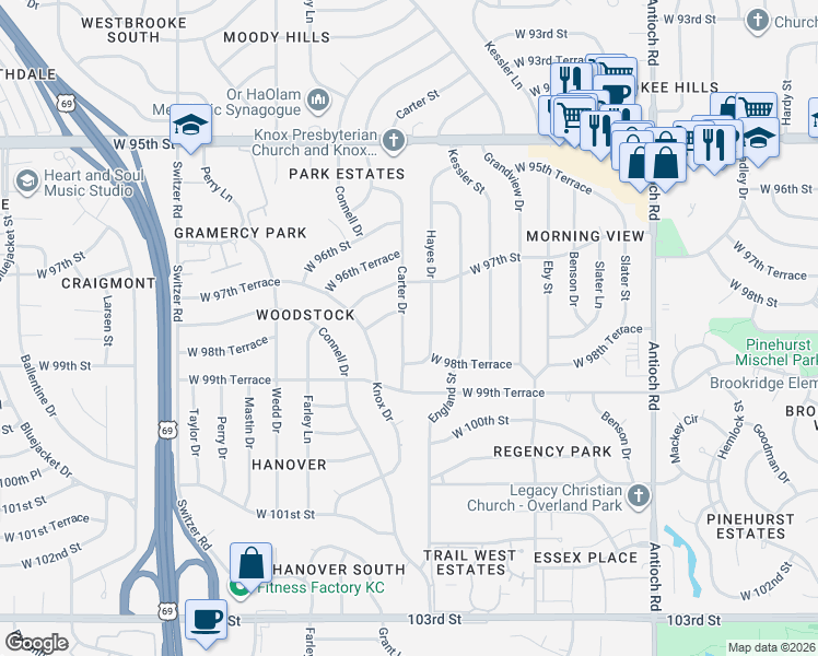 map of restaurants, bars, coffee shops, grocery stores, and more near 9812 Carter Drive in Overland Park