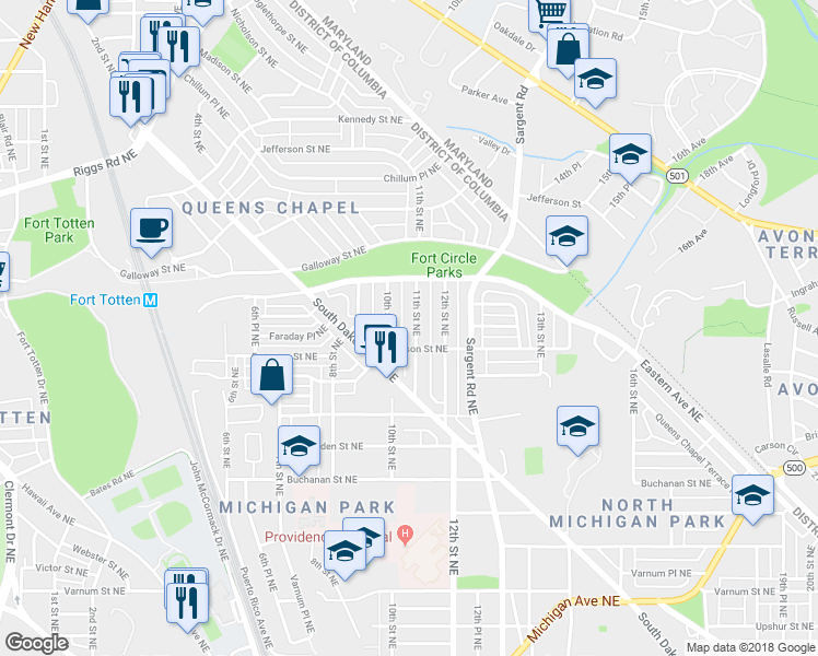 map of restaurants, bars, coffee shops, grocery stores, and more near 5020 11th Street Northeast in Washington