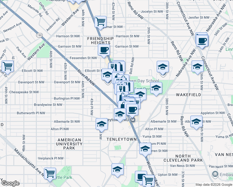 map of restaurants, bars, coffee shops, grocery stores, and more near 4118 Chesapeake Street Northwest in Washington