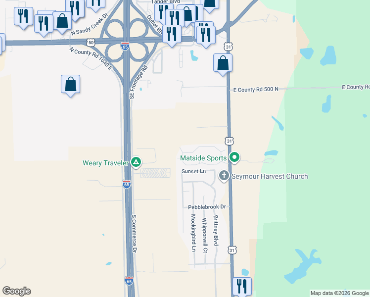 map of restaurants, bars, coffee shops, grocery stores, and more near 998 Sunset Lane in Seymour