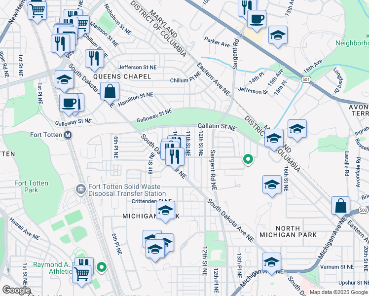 map of restaurants, bars, coffee shops, grocery stores, and more near 5020 11th Street Northeast in Washington
