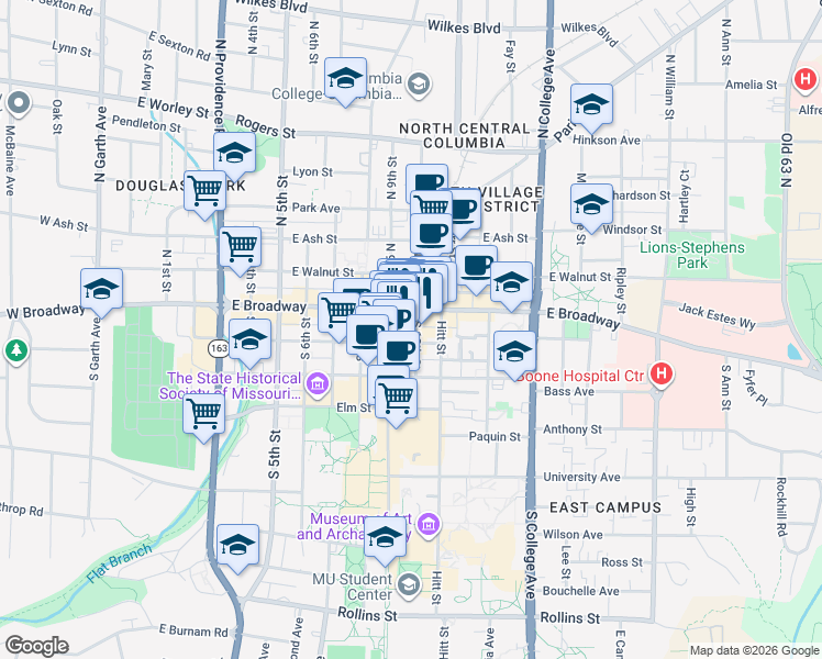 map of restaurants, bars, coffee shops, grocery stores, and more near 916 Alley A in Columbia