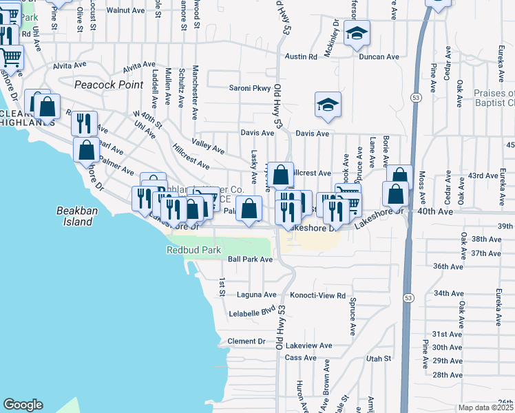 map of restaurants, bars, coffee shops, grocery stores, and more near 4767 West 40th Street in Clearlake