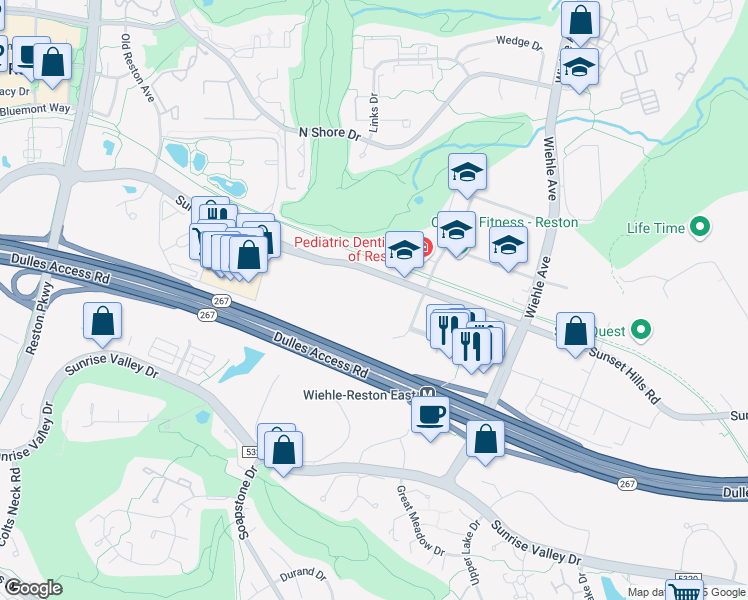 map of restaurants, bars, coffee shops, grocery stores, and more near 11487 Sunset Hills Road in Reston