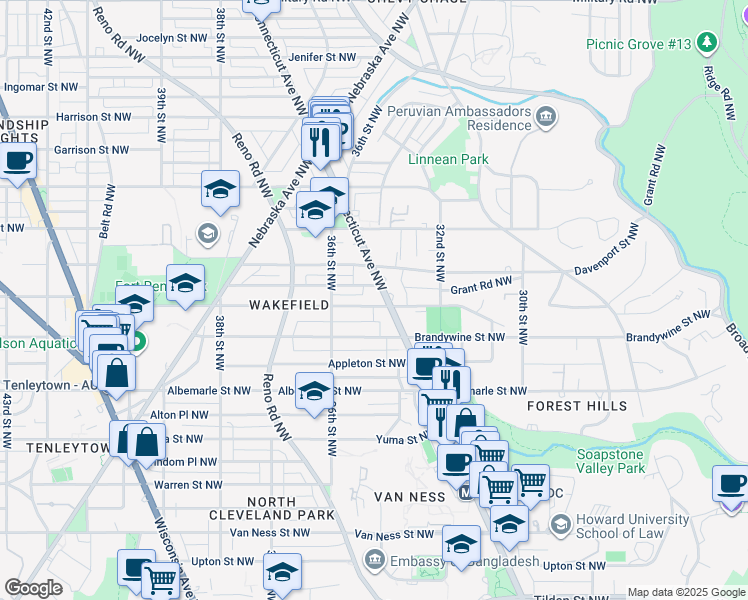 map of restaurants, bars, coffee shops, grocery stores, and more near 4700 Connecticut Avenue Northwest in Washington
