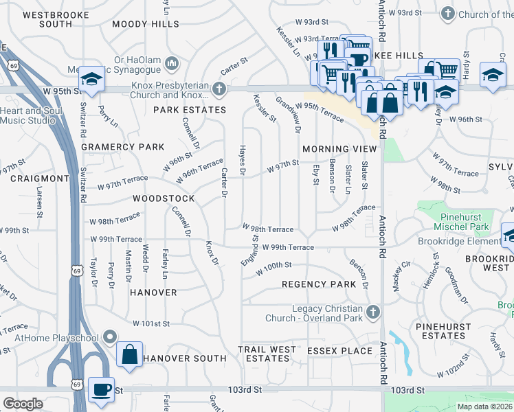map of restaurants, bars, coffee shops, grocery stores, and more near 9813 England Drive in Overland Park