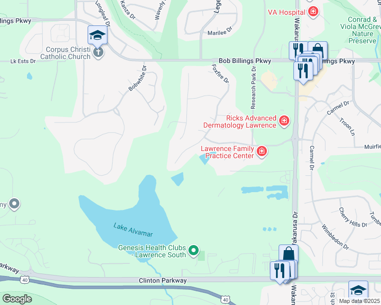 map of restaurants, bars, coffee shops, grocery stores, and more near 1820 Foxfire Drive in Lawrence