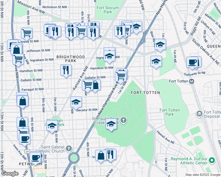map of restaurants, bars, coffee shops, grocery stores, and more near 208 Farragut Street Northwest in Washington