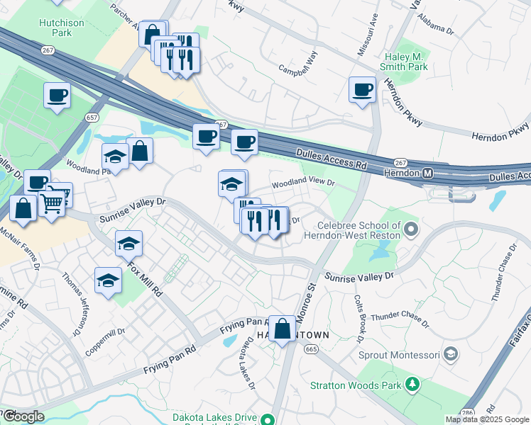 map of restaurants, bars, coffee shops, grocery stores, and more near 13032 Hattontown Square in Oak Hill