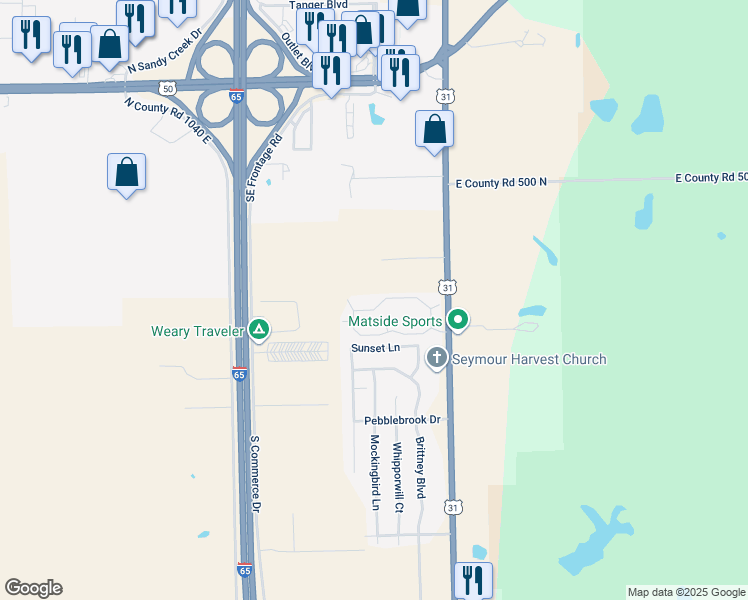 map of restaurants, bars, coffee shops, grocery stores, and more near 2571 Bent Tree Lane in Seymour