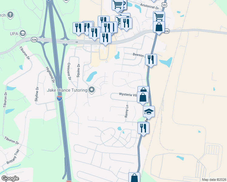 map of restaurants, bars, coffee shops, grocery stores, and more near 363 Wysteria Village Drive in Florence