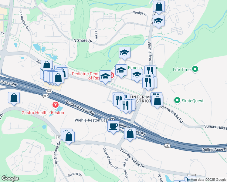 map of restaurants, bars, coffee shops, grocery stores, and more near 11410 Reston Station Boulevard in Reston