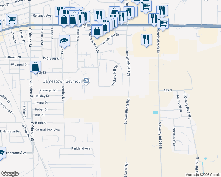 map of restaurants, bars, coffee shops, grocery stores, and more near 1220 Hickory Hill Road in Seymour