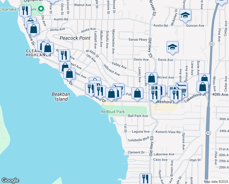 map of restaurants, bars, coffee shops, grocery stores, and more near 14708 Palmer Avenue in Clearlake