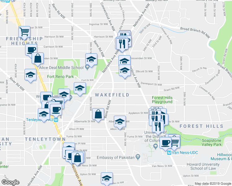 map of restaurants, bars, coffee shops, grocery stores, and more near 3623 Chesapeake Street Northwest in Washington