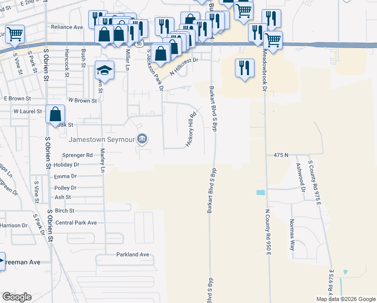 map of restaurants, bars, coffee shops, grocery stores, and more near 1220 Hickory Hill Rd in Seymour
