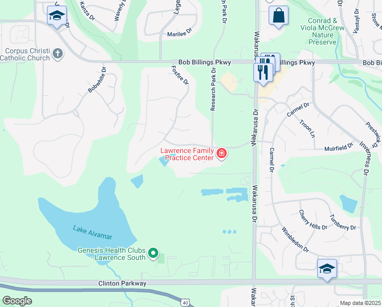 map of restaurants, bars, coffee shops, grocery stores, and more near 1809 Castle Pines Court in Lawrence