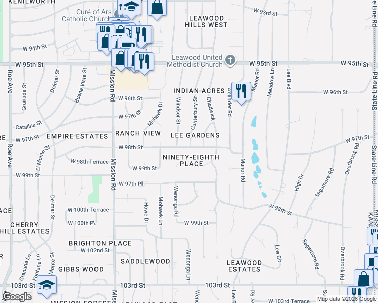 map of restaurants, bars, coffee shops, grocery stores, and more near 9842 Aberdeen Street in Overland Park