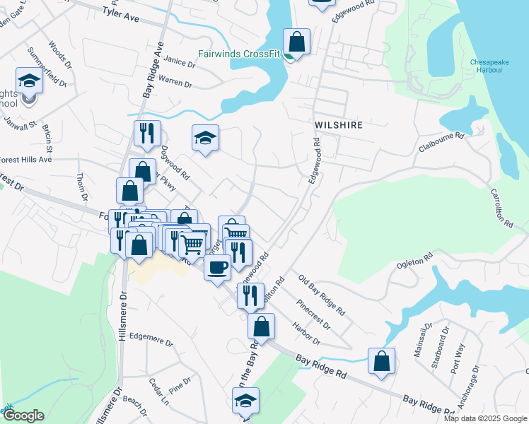 map of restaurants, bars, coffee shops, grocery stores, and more near 17 Silverwood Circle in Annapolis