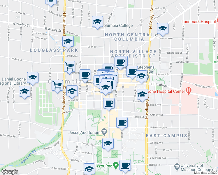 map of restaurants, bars, coffee shops, grocery stores, and more near 14 South 9th Street in Columbia