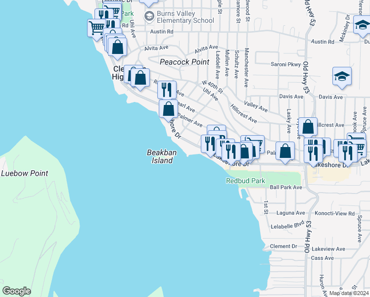 map of restaurants, bars, coffee shops, grocery stores, and more near 14551 Lakeshore Drive in Clearlake