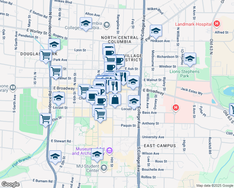 map of restaurants, bars, coffee shops, grocery stores, and more near 1104 East Broadway in Columbia