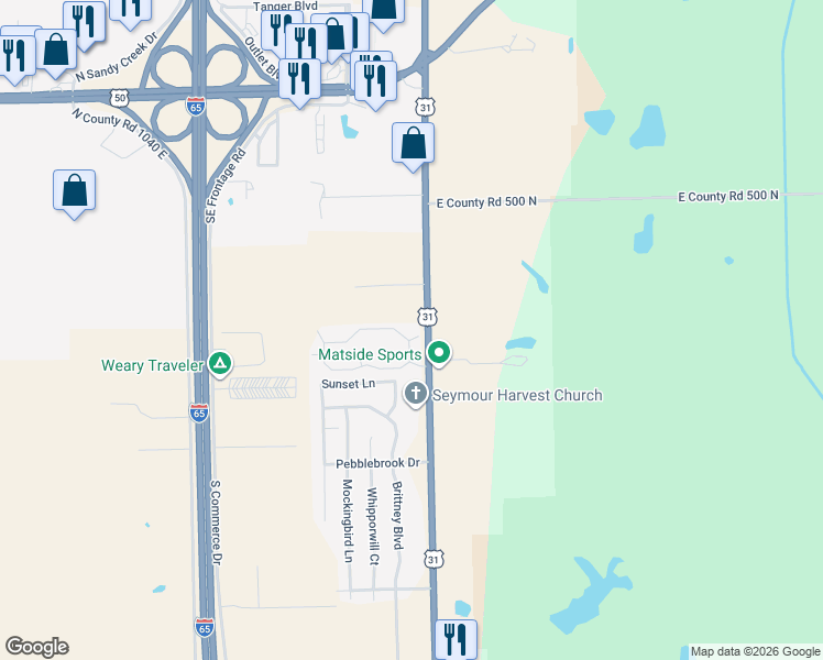 map of restaurants, bars, coffee shops, grocery stores, and more near 4853-4869 U.S. 31 in Seymour