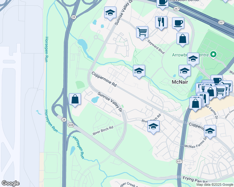 map of restaurants, bars, coffee shops, grocery stores, and more near 13861 Sunrise Valley Drive in Herndon