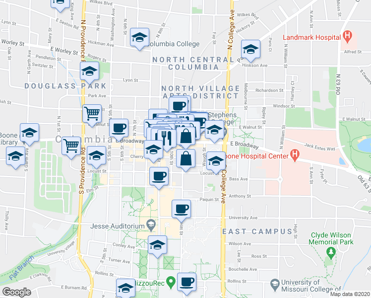 map of restaurants, bars, coffee shops, grocery stores, and more near 8 Hitt Street in Columbia