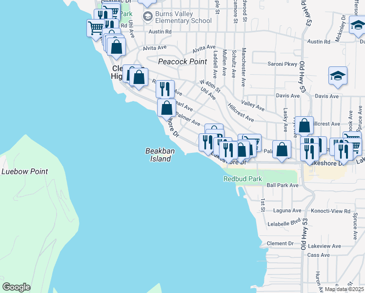 map of restaurants, bars, coffee shops, grocery stores, and more near 14531 Lakeshore Drive in Clearlake
