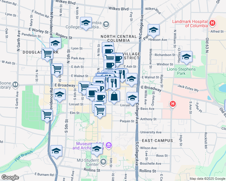 map of restaurants, bars, coffee shops, grocery stores, and more near 10 Hitt Street in Columbia