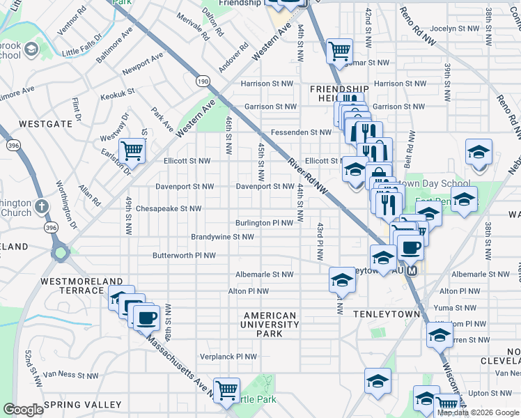 map of restaurants, bars, coffee shops, grocery stores, and more near Chesapeake Street Northwest & 45th Street Northwest in Washington