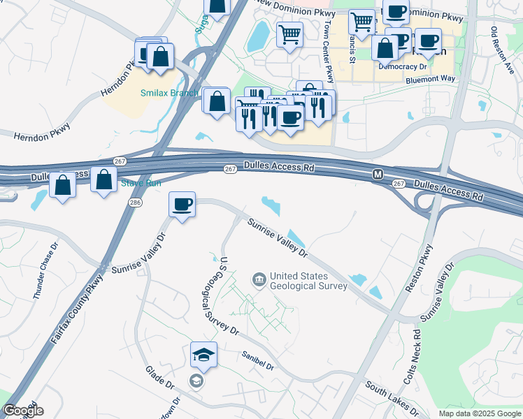 map of restaurants, bars, coffee shops, grocery stores, and more near 12220 Sunrise Valley Drive in Reston