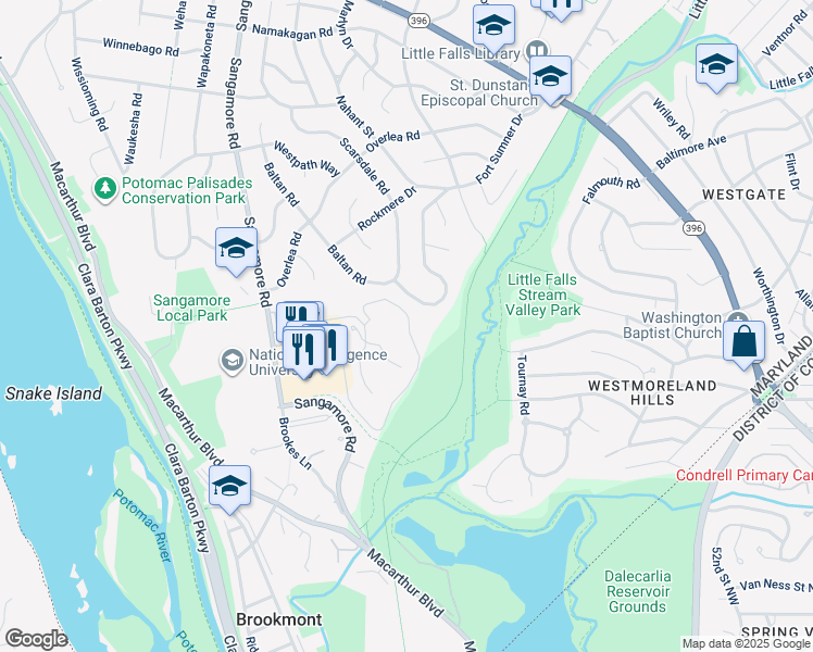 map of restaurants, bars, coffee shops, grocery stores, and more near 4982 Sentinel Drive in Bethesda