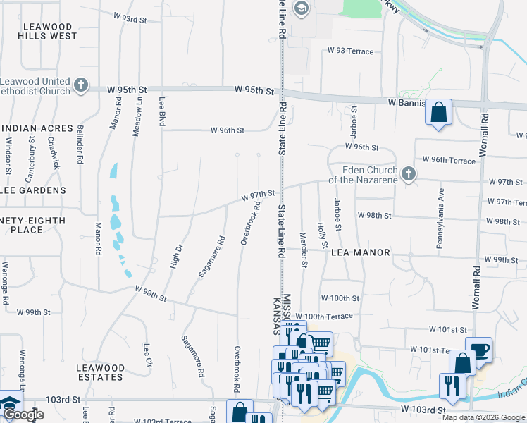 map of restaurants, bars, coffee shops, grocery stores, and more near 9705 Overbrook Road in Leawood