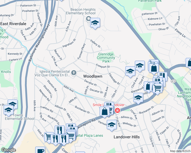 map of restaurants, bars, coffee shops, grocery stores, and more near 6924 Emerson Street in Hyattsville