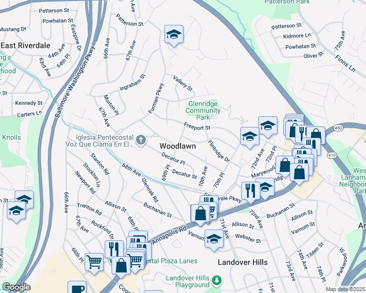 map of restaurants, bars, coffee shops, grocery stores, and more near 6924 Emerson Street in Hyattsville