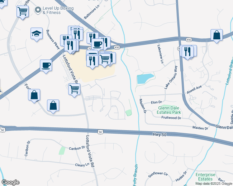 map of restaurants, bars, coffee shops, grocery stores, and more near 4619 Morning Glory Trail in Bowie