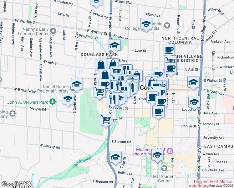 map of restaurants, bars, coffee shops, grocery stores, and more near 400 Cherry Street in Columbia