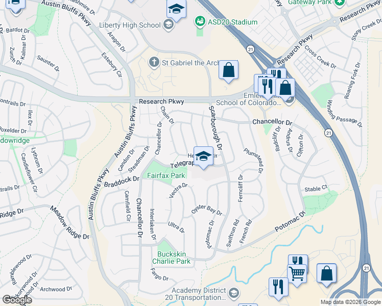 map of restaurants, bars, coffee shops, grocery stores, and more near 5006 Herndon Circle in Colorado Springs