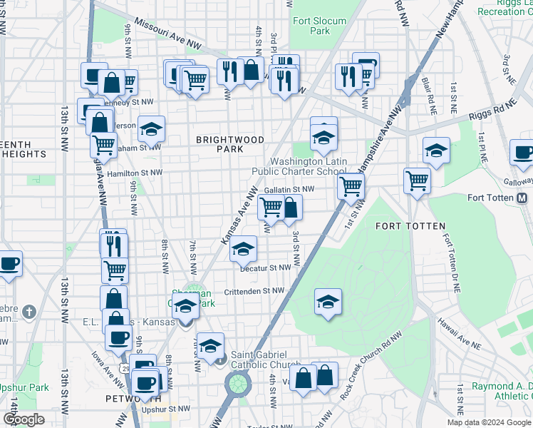 map of restaurants, bars, coffee shops, grocery stores, and more near 4th St NW & Farragut St NW in Washington