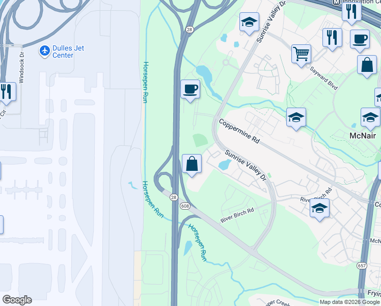 map of restaurants, bars, coffee shops, grocery stores, and more near 2516 Horsepen Woods Court in Herndon