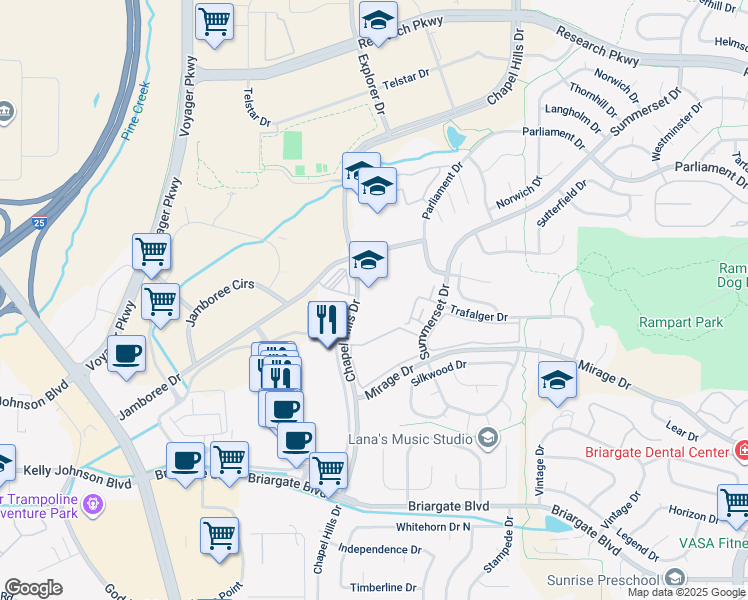 map of restaurants, bars, coffee shops, grocery stores, and more near 1470 Chapel Hills Drive in Colorado Springs