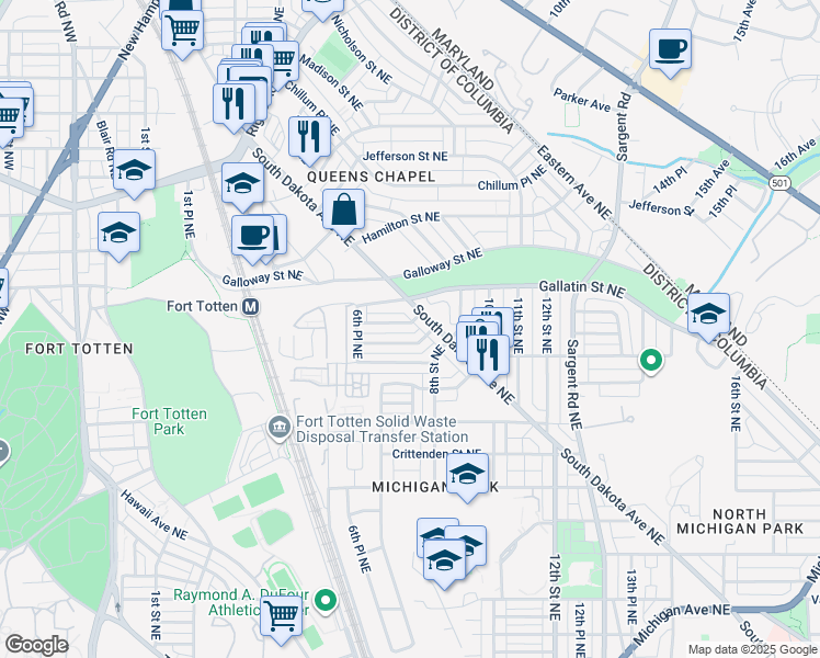 map of restaurants, bars, coffee shops, grocery stores, and more near 725 Farragut Place Northeast in Washington