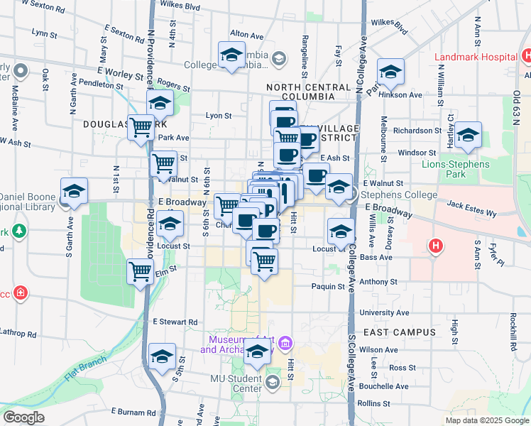 map of restaurants, bars, coffee shops, grocery stores, and more near 910 East Broadway in Columbia