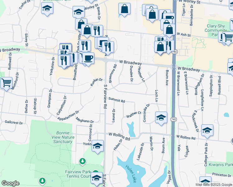 map of restaurants, bars, coffee shops, grocery stores, and more near 2705A Summit Road in Columbia